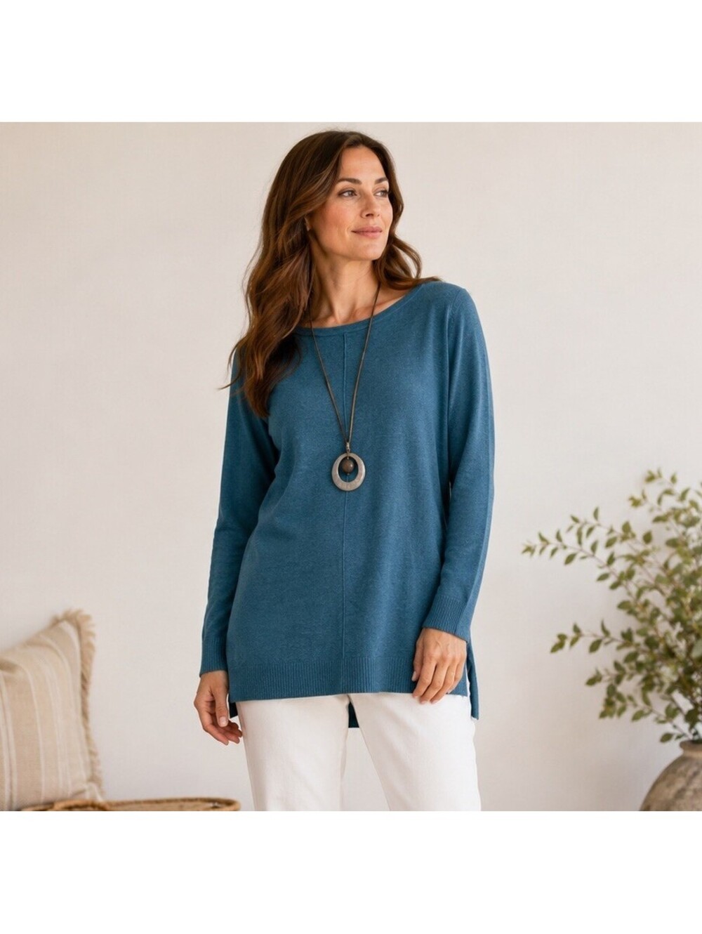 J. Jill Teal Knit Tunic Sweater Womens PM Lagenlook Coastal Gramma Boho Forest